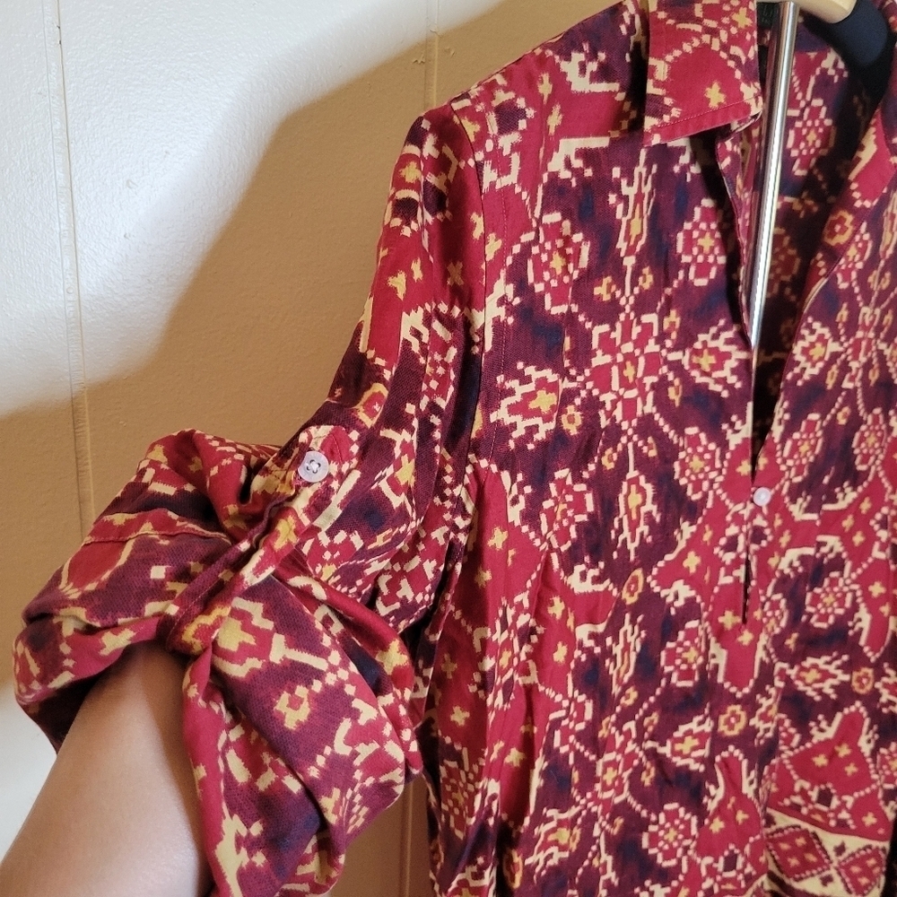 Vintage Lauren Ralph Lauren Cotton Red Gold Medallion Ikat Tunic Blouse - Picture 4 of 9